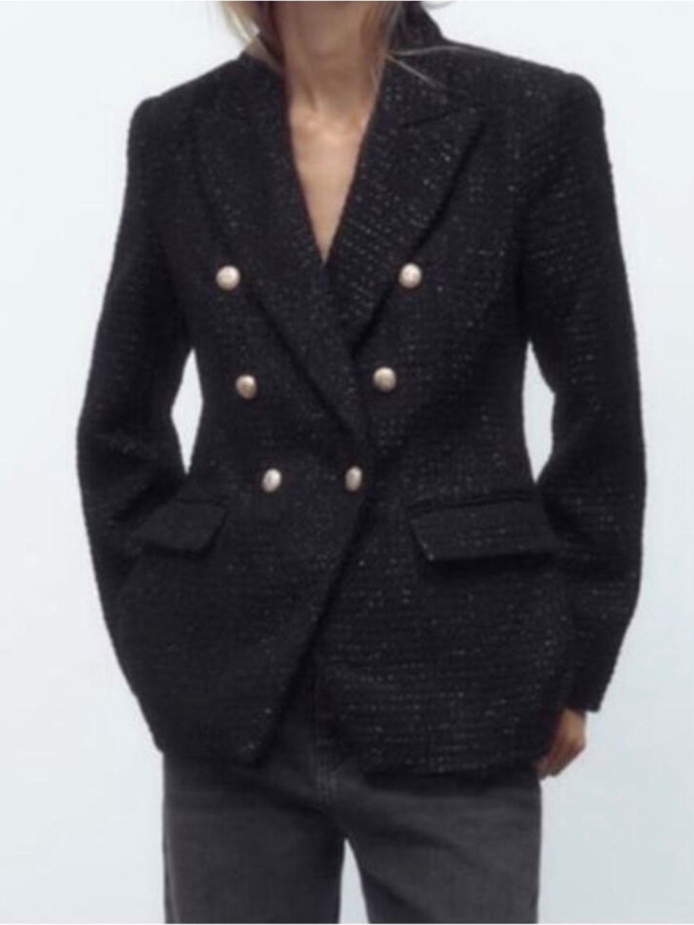 ZARA Blazer S Metallic Tweed
Double Breasted Front Welt
Pockets Back Vent NWT